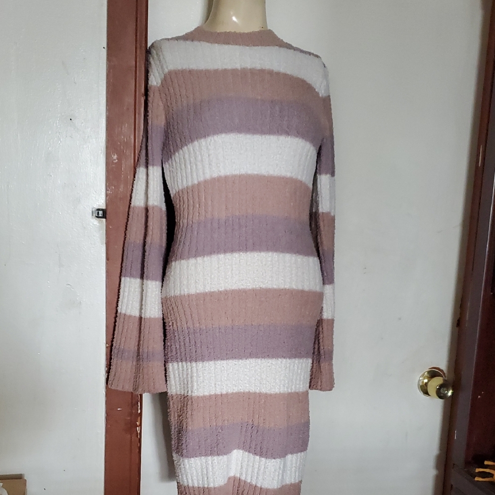 LARK+GREY  Long Bell Sleeve Striped Ribbed Knit Dress SIZE M